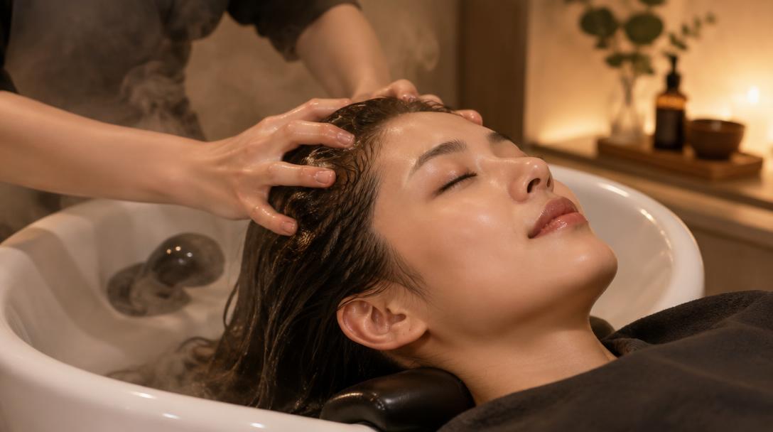 A head spa scalp massage at a salon wash basin