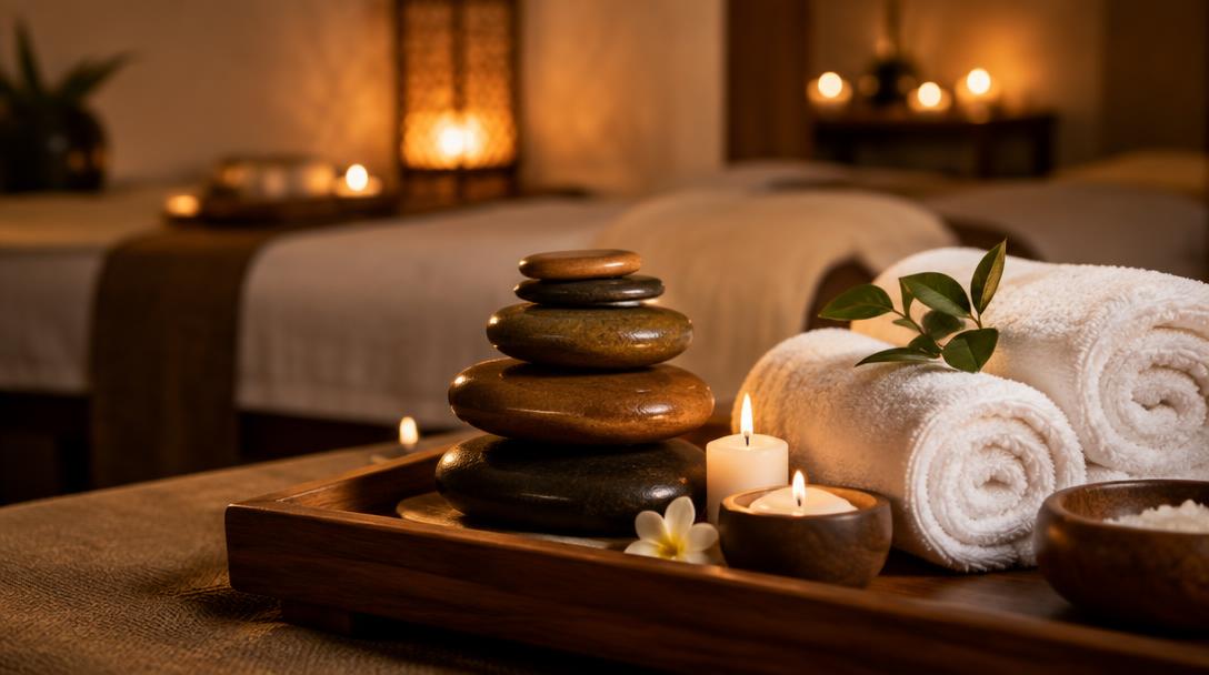 Warm stones and candles ready for a hot stone massage