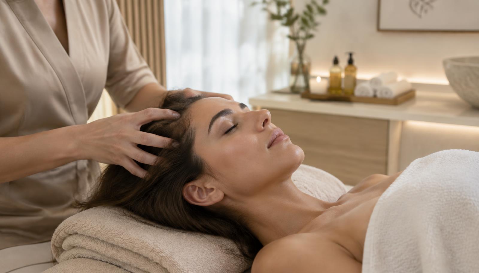 A guest enjoying a deeply relaxing head and scalp treatment